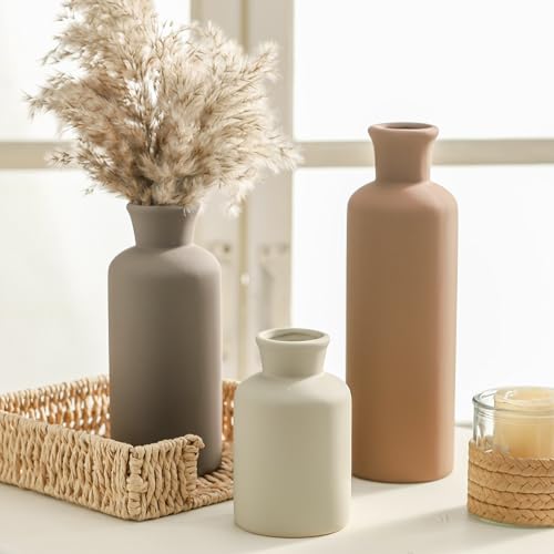Ceramic Vase Set of 3, Flowers Neutral Modern Vases Home Decor Rustic Farmhouse Decor Pampas Vase for Table Mantel Entryway Shelf Living Room Kitchen Bathroom - Brown - color: 007-brown