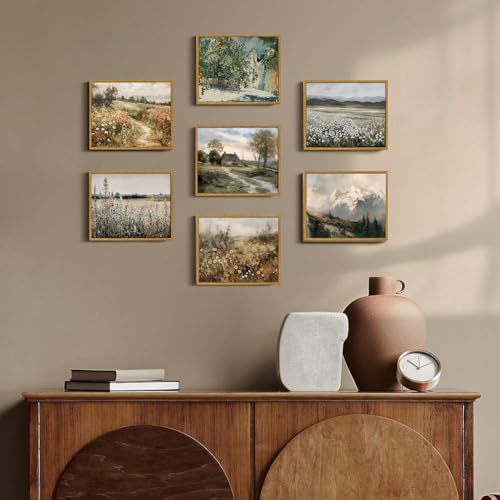 OIQArtOIQ Framed Canvas Wall Art,Vintage Decor,Landscape Nature Country Wildflower Paintings Cottagecore Pictures Modern Artwork Rustic Fall Flower Prints Farmhouse Office Living Room Bedroom Bathroom - color: Wildflower Path, size: 8x10 in