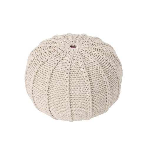 Round Boho Pouf Ottoman - Cable Knitted Cord Boho Pouffe - Stuffed Poof Accent Beanbag Footrest for Living Room - Nursery - Bedroom - Covered Patio - Study Nook (20"x20"x13") (Beige) - color: Beige