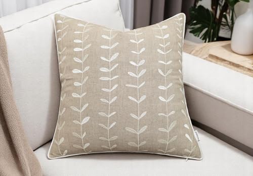 VAGMINE Embroidered Botanical Vine Leaf 18x18 Throw Pillow Cover - Natural Linen Square Cushion for Sofa Couch Bed - Cottagecore Farmhouse Decor - Lollipop - color: Natural-lollipop, size: 18" x 18" (Pack of 1)