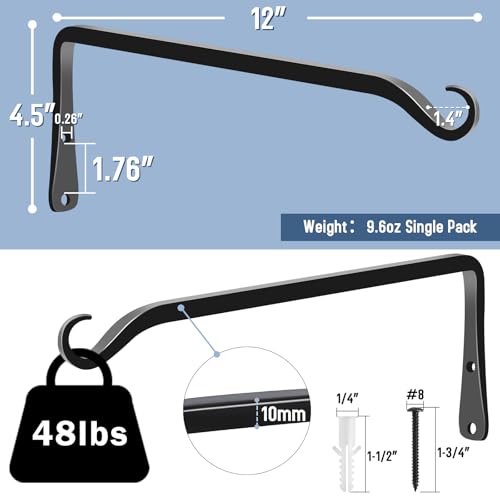 FEED GARDEN 2 Pack 12 Inch Hanging Plant Bracket Wall Hooks Decorative Plant Hangers for Outdoor Hanging Bird Feeders, Wind Chimes, Plant Baskets, Black - color: Black-L, size: 12 Inch