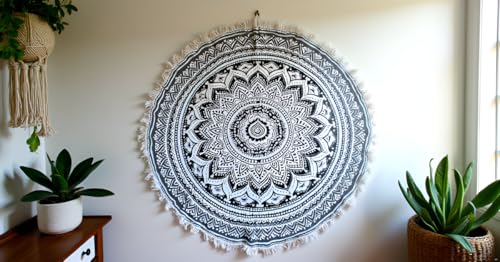Round Beach Tapestry Mandala Boho Hippie Blanket Indian Cotton Bohemian Large Table Cloth Home Decor Yoga Mat Meditation Picnic Rug Throw Hippy Boho Gypsy Tablecloth Roundie (42 Inches, Grey) - color: Grey, size: 42"L x 42"W