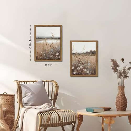 Framed Vintage Wildflower Wall Art Set of 2, Retro Country Floral Canvas Wall Decor Paintings, Farmhouse Field Landscape Posters Prints for Bedroom Bathroom Living Room Home Decor 16x24In Wood Frame - color: Brown Vintage, size: 24L" x 16W"