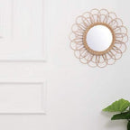Hanging Mirror - Rattan Sunflower Circular Wall Mirror, Decor Bathroom Boho Nordic Wicker Dressing Makeup Mirrors for Inodoor Home Office Living Room Hallway (15.75inch)