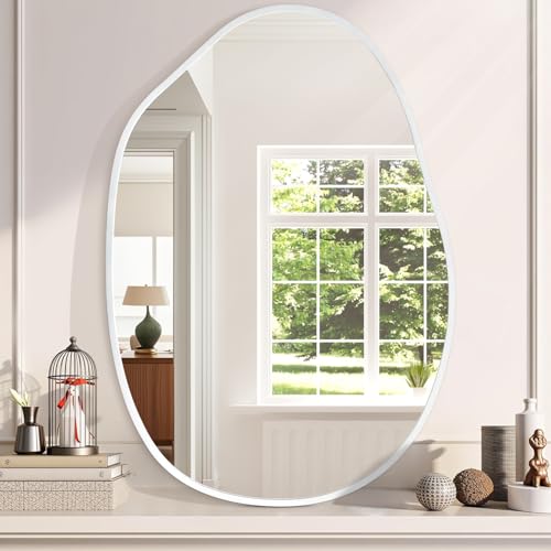 Large Asymmetrical Wall Mirror Aluminum Alloy Frame Irregular Bathroom Mirrors Brushed Metal Vanity Wall Mounted Mirror for LivingRoom Bedroom Entryway Room Home Decor White 26"x37.5" - color: White, size: 37.5"L x 26"W
