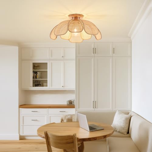 20 Inch Boho Flower Ceiling Light Flush Mount Farmhouse Rattan Light Fixtures for Bedroom Kitchen Dining Room Foyer Hallway Entryway - size: 20 Inch Flush Mount