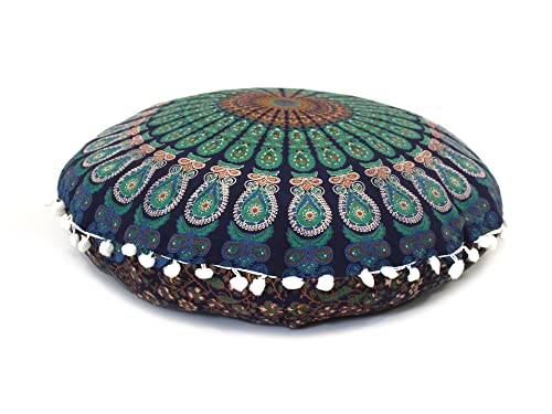 Round Mandala Floor Pillow Cover Seating Cushion Throw Cover Hippie Decorative Bohemian Ottoman Pouf Cover, Pom Pom Pillow Cases,Boho Indian 22 Inches (Blue) - color: Blue