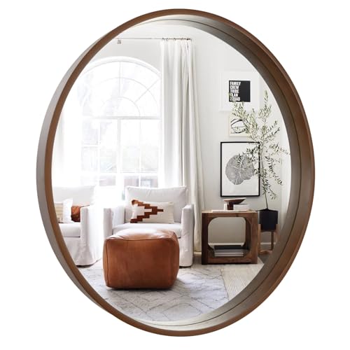 WallBeyond Circle Mirror with Wood Frame, 28" Round Modern Decoration Large Home Decor Mirror for Bathroom Living Room Bedroom Entryway (28" Diameter, Walnut) - color: Walnut, size: 28"L x 28"W