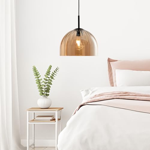 Modern Dome Pendant Lighting Fixture Kitchen Island, 11.8 Inch Large Boho Chandelier, Rustic Farmhouse Industrial Hanging Lamp Ceiling Lights with Amber Glass Bell Lampshade - color: Amber, size: 30CM
