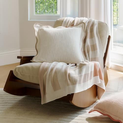 Double Stitch Scalloped Throw Pillow Covers - 100% Cotton Set of 2 Decorative Boho Pillow Covers 18 x 18, Made in India, Square Cushion Case, Modern Home Decor for Couch Sofa Living Room, Cream - color: Cream, size: 18" x 18" (Pack of 2)