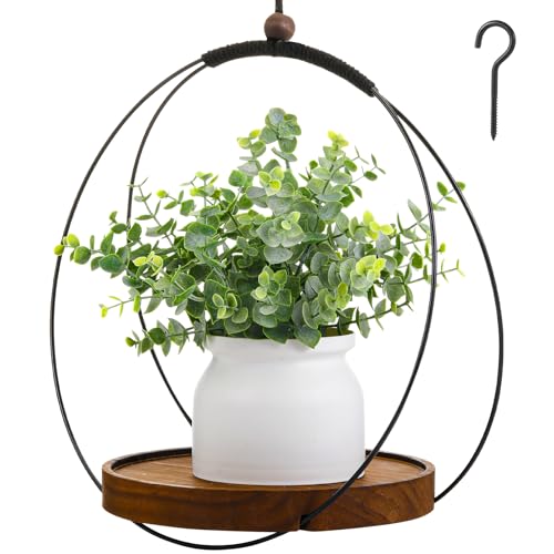 Threehoney 1 Pack Hanging Planters for Indoor Black Plant Hanger with Round Wood Base Large Indoor Hanging Plant Shelf Boho Holder Gift for Mom,housewarming (7.9 '') - size: 7.9 ''