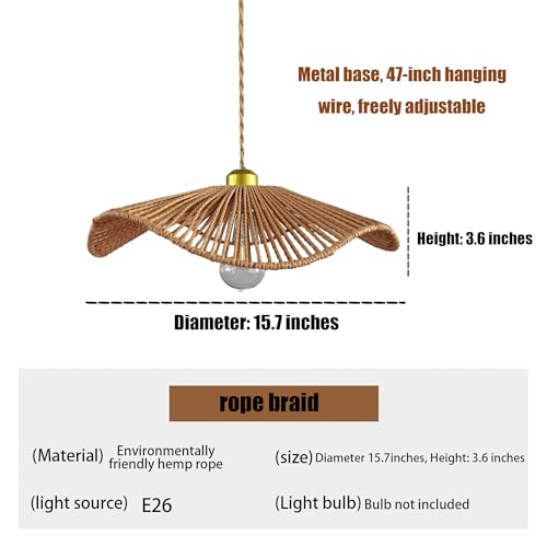 Boho Rattan 16-inch round Pendant Light E26 lamp holder,height adjustable Restaurant chandelier Rattan light fixture Chandelier Woven Hanging Light Fixture for Bedroom Entryway Kitchen Island - color: Light brown-10, size: 16-inch