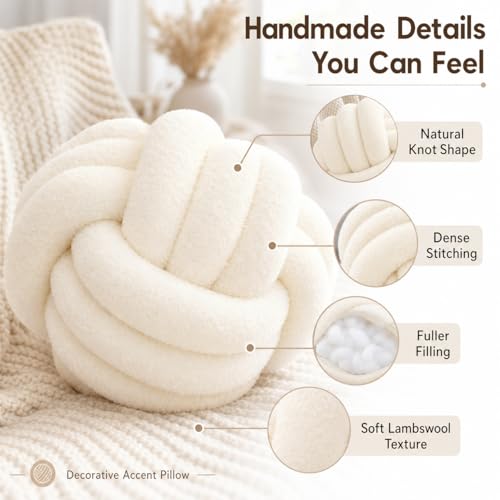 Petrella Ivory White Knot Pillow Ball, Handmade Soft Round Throw Pillow for Chair, Couch and Cozy Room Decor, Small Decorative Pillows, Lambswool Knotted Accent Cushion, 8 Inch - color: White, size: 8inch