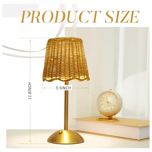 Pickmesh 1 Pack Rattan Table Lamp Woven Boho Table Lamp with Gold Tone Base Wicker Night Light Cordless LED Desk Lamps for Living Room Bedroom Home Decor, 2600mah Battery Operated