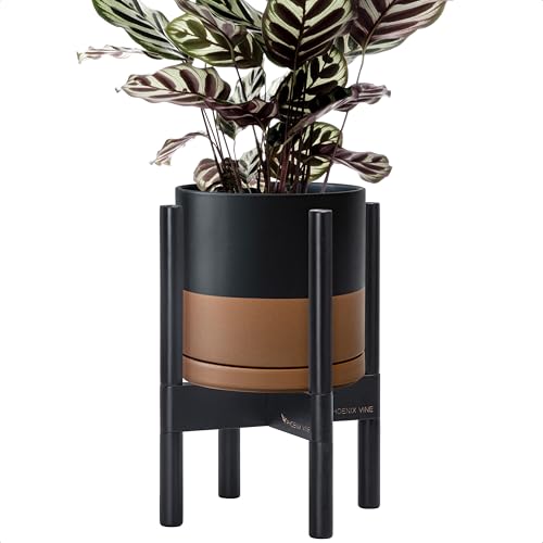 D'vine Dev Ceramic Planter with Ebony Stand - 8 Inch Modern Round Flower Pot with Wood Planter Holder, Black/Speckled Tan, 55-B-M-7 - color: Black/Speckled Tan Pot + Ebony Stand, size: 8 Inch