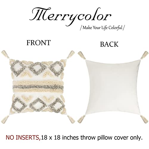 Merrycolor Boho Throw Pillow Covers 18x18 with Tassels White and Grey Decorative Throw Pillows Woven Tufted Pillowcase Modern Accent Bohemian Square Cushion Covers for Couch Sofa Bedroom Living Room - color: Grey and White 2, size: 18" x 18" (Pack of 1)