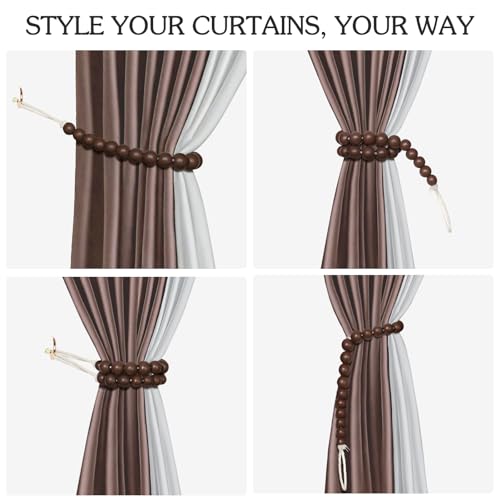 Hion 4 Pcs Boho Curtain Tiebacks,Wood Beads Curtain Holdbacks,Outdoor Farmhouse Tie Backs for Curtains,Curtain Holders for Drapes Home Office Room Decor with Hooks(Coffee) - color: Coffee, size: 4 Pack