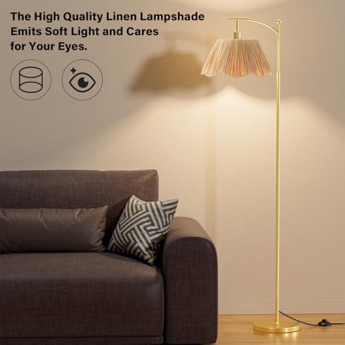 Ambimall 60" Floor Lamps for Living Room with 3 Color Temperatures, Gold Floor Lamp with Rattan Shade, Modern Tall Lamps for Bedroom Office, 9W LED Bulb Included - color: Boho & Gold