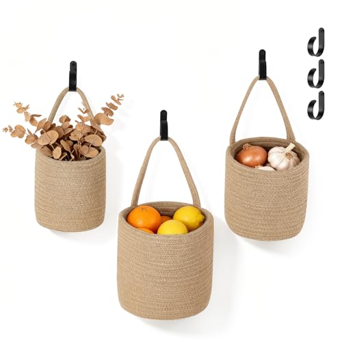 Dahey Hanging Wall Baskets for Kitchen 3 Pack Woven Basket for Fruit Plant Organizing 3 Sizes Farmhouse Rustic Boho Bathroom Storage Organizer for Living Room Bedroom Entryway Home Decor, Brown