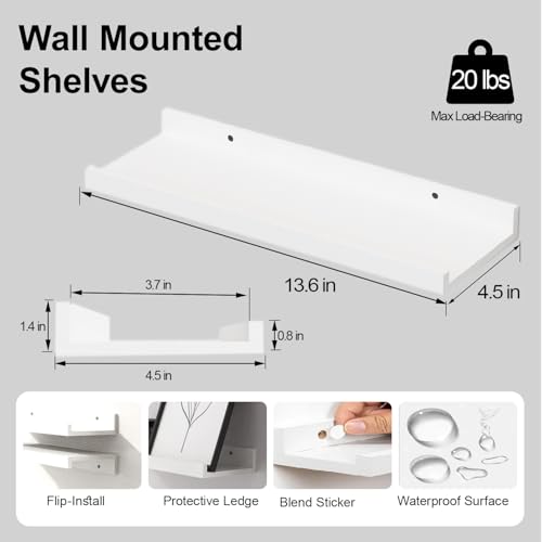 White Floating Shelves for Wall Decor, Wall Mounted Wood Storage Shelf for Bedroom, Living Room, Bathroom, Kitchen, Nursery, Display Picture Ledge Shelf with Lip Set of 2-14 Inches, White - color: White, size: 13.6in