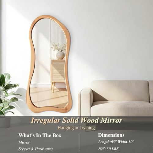 Large Irregular Solid Wood Mirror, 63"x30" Asymmetrical Aesthetic Floor Mirrors with Wooden Frame, Organic Shape Mirror for Entryway Hallway Bedroom Living Room, Leaning/Wall-Mounted - color: Natural Wood Frame, size: 63"L x 30"W