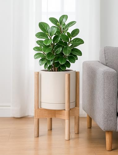 D'vine Dev Ceramic Planter with Natural Stand - 8 Inch Modern Round Flower Pot with Wood Planter Holder, Oatmeal, 55-B-N-8 - color: Oatmeal Pot + Natural Stand, size: 8 Inch