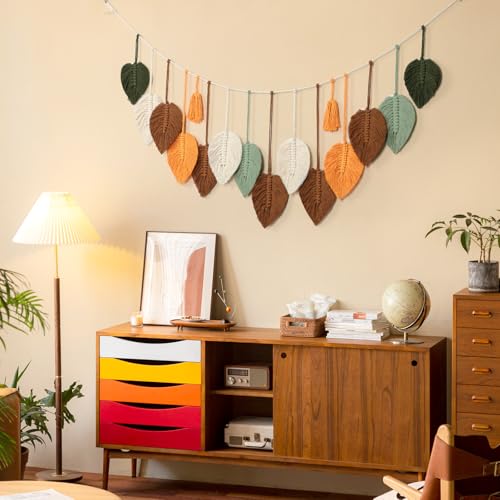 Betylifoy Macrame Wall Hanging Boho Woven Tapestry Chic Home Decor Handmade Yarn Tassels Colorful Leaf Feather Wall Hanging Tapestry Bohemian Wall Art Decorations for Nursery Bedroom Living Room Backdrop - color: Colorful