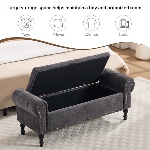 51" Storage Bench for Bedroom, Chenille End of Bed Bench, Queen Size Bench with Rolled Arms, Tufted Storage Ottoman Benches, Upholstered Bench for Bedroom, Living Room, Entryway, Dark Grey - color: Dark Grey, size: 51inch-Chenille