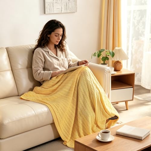 NTBAY 100% Pure Cotton Cable Knit Throw Blanket, Super Soft Warm 51x67 Knitted Throw Blanket for Couch, Sofa, Chair, Bed - Extra Cozy, Machine Washable, Comfortable Home Decor, Yellow - color: Yellow, size: Throw(51"x67")