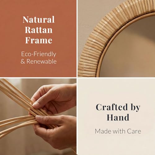 Barnyard Designs Rattan Wall Mirror, Round Farmhouse Boho Accent for Bathroom, Entryway or Bedroom, Handwoven Natural Honey Rattan Frame (25.5", Round) - size: 25.5"L x 25.5"W