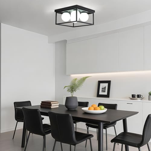 Flush Mount Ceiling Light, 12.6” Close to Ceiling Light Fixtures with Globe Glass Shade, 4-Light Black Ceiling Light Fixture for Bedroom Kitchen Hallway Living Room Dining Room Entryway - color: 4 Light Black