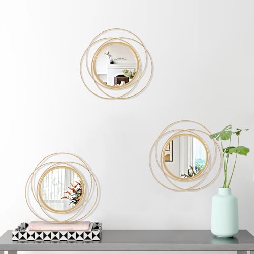 3 Set Gold Circle Mirrors for Wall Decor - Metal Art Small Round Mirror Sets - Hanging Wall Sculpture for Bedroom, Living Room, Entryway 12'' - color: Round-gold, size: 3 Set 12"L x 12"W