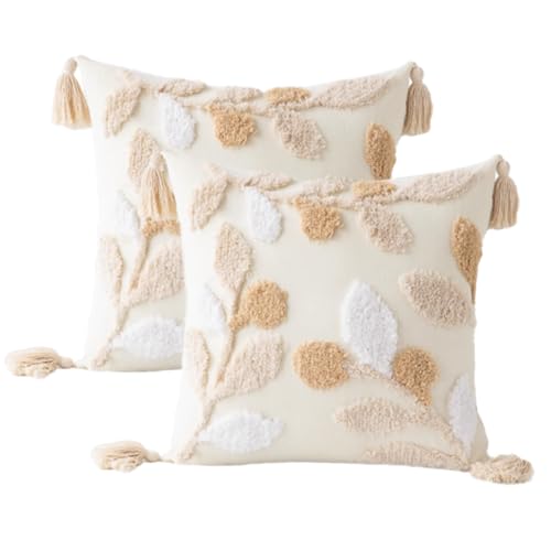 Andreannie Pack of 2 Boho Tufting Throw Pillow Cover Embroidered Textured Cushion Cover with Tassels Soft Home Decororative for Couch Sofa 18x18 inch (Leaves) - color: Leaves