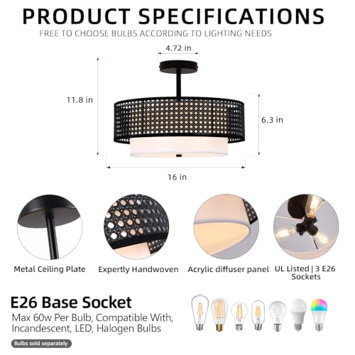 16" Black Rattan Ceiling Light - Bohemian Handwoven Double Drum Pendant, Semi-Flush Mount Light Fixture for Living Room, Bedroom, Dining Room & Kitchen - color: 16'' Rattan&Hemp rope Black