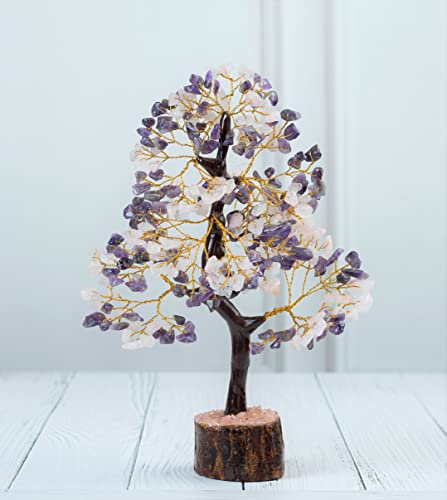 Crocon® Amethyst & Rose Quartz Crystals Tree Home Decor, Birthday Gifts for Women, Sister Gemstone Gift for Her Money Tree Crystals and Healing Stones House Warming Gift New Home, Pink Decor Present - color: Amethyst + Rose (Golden Wire)