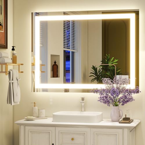 XRAMFY 30'' x 40'' LED Bathroom Mirror with Lights, Wall Mirror with Front and Backlight, 3 Colors Vanity Mirror with Lights, Anti-Fog Wall Mirror for Bathroom - size: 40"L x 30"W