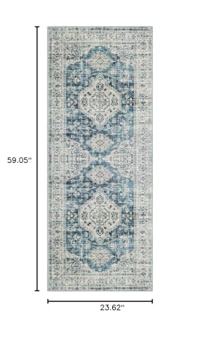 Lahome Oriental Kitchen Runner Rug Non Slip, 2x5 Washable Hallway Runner with Rubber Backing, Vintage Hallway Rug Ultra-Thin Soft Carpet for Bedroom Bathroom Eleanor, Blue - color: Blue, size: 2' x 5' (Runner)