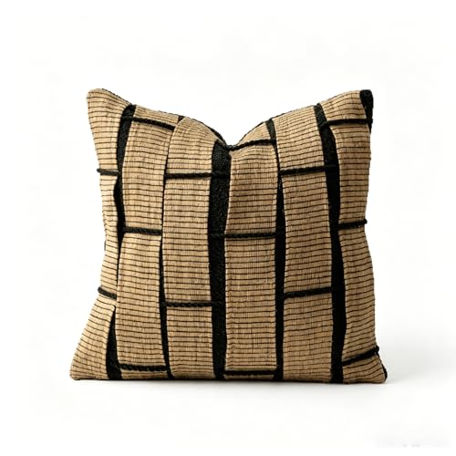 MOCOFO Semi-Handmade Woven Striped Throw Pillow Covers, French Vintage Mid-Century Decorative Cushion Case, Jute & Poly-Cotton Blend for Couch Sofa, (Cover Only) (Black Base Hemp, 18x18) - color: Hemp Pattern, size: 18" x 18" (Pack of 1)