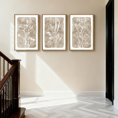 ANHUIB Beige Neutral Floral Canvas Wall Art 16x24 Inch Framed Brown Botanital Wall Decor Large Rustic Farmhouse Wildflower Artwork Boho Vintage Plant Art Prints Set of 3 for Living Room Bedroom Office - color: Beige Floral, size: 24"L x 16"W
