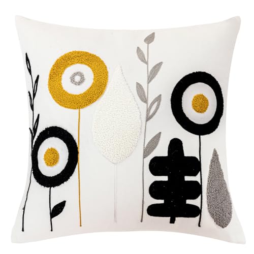 vctops Boho Floral Tufted Decorative Throw Pillow Cover Botanical Embroidered Cotton Cushion Cover for Couch Sofa Bed (Flower B,18"x18") - color: Flower B, size: 18" x 18" (Pack of 1)