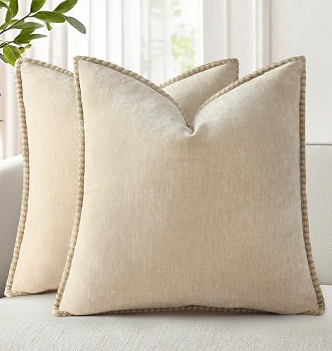 decorUhome Summer Chenille Soft Cozy Throw Pillow Covers 16x16 Set of 2, Modern Farmhouse Boho Velvet Decorative Pillow Cases with Stitched Edge for Couch Sofa Bed Home Decor, Beige - color: Beige, size: 16" x 16" (Pack of 2)