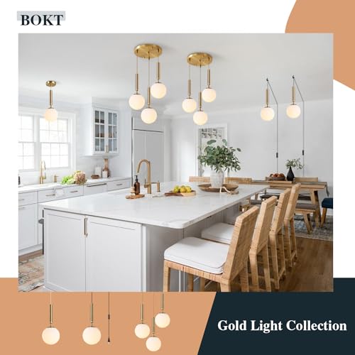 BOKT Mid Century Modern Gold Globe Pendant Light Milk White Opal Glass Pendant Light 1 Light Farmhouse Brushed Brass Mini Hanging Pendant Lights Kitchen Island for Bathroom Bedroom Hallway (Gold) - color: Gold