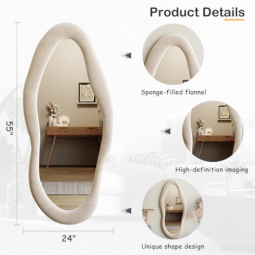Honyee 55" x 24" Wall Mirror, Flannel Wrapped Wooden Frame Wavy Mirror, Irregular Mirror Hanging for Cloakroom/Bedroom/Living Room, Ivory White - color: Ivory White, size: 55"L x 24"W
