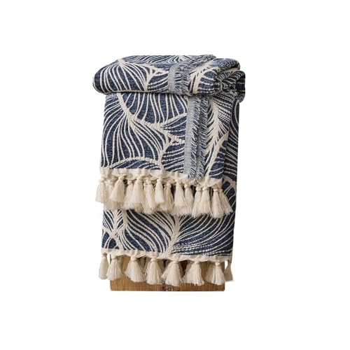 DOWN HOME Chenille Cotton Throw Blanket for Couch, Lightweight Boho Blanket for Bed Sofa Chair Living Room Outdoor Soft Woven Decorative Blanket with Tassel Gift Navy Leaves 50"x70" - color: Navy, size: 50"x70"