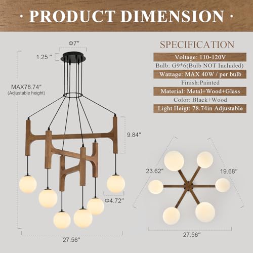 Farmhouse L28 '' Wooden Chandeliers with Milk Glass Globes Lampshades, Rustic Oak Mid Century Long Pendant Chandelier Light Fixture 6-Light for Foyer Living Dining Room Bedroom Kitchen,G9 - color: Golden Oak, size: L28 inches