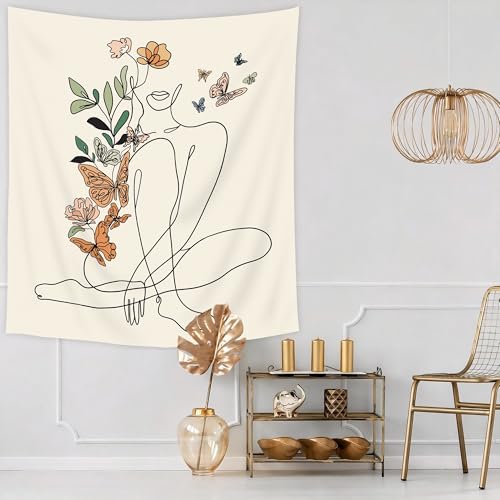 SVBright Abstract Woman Butterfly Fabric Wall Hanging Tapestry 51Wx59H Inch Minimalist Modern Flower Plant Mid Century Terracotta Aesthetic Portrait Beige Home Decor Art for Living Room Bedroom Dorm - color: Beige Woman Sitting, size: 59"L x 51"W