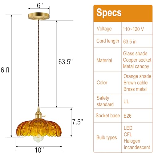 Hardwired Pendant Light Fixture, Hanging Light Fixture, Glass Shade Pendant Light with Rotary Switch, Modern Lamp for Kitchen Island, Bedroom, Dining Room, Living Room (Orange, 6 Ft Cord) - color: Orange, size: 6 ft