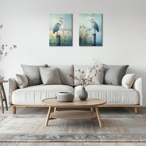 2 Piece Heron Canvas Wall Art Cyan Bird Picture Artwork Coastal Birds Print Painting Modern Birds Picture Poster Framed for Living Room Bedroom Barhroom Wall Decor - color: Cyan, size: 16"L x 12"W