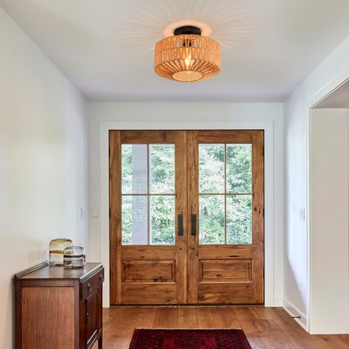 Ceiling Light Fixture,Hand-Woven Rattan Flush Mount Ceiling Light,Farmhouse Light Fixtures Ceiling Mount Boho for Hallway Bedroom Kitchen Entryway Living Room - color: 11.4 IN Ceiling Light