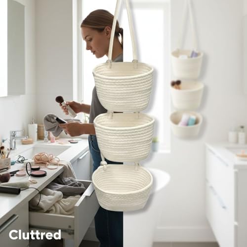 2 Pcs 3-Tier Woven Cotton Hanging Basket, Wall Mounted Storage Organizer, Boho New Home Basket, Over The Door Organizer for Bathroom, Bedroom, and Closet Organization
